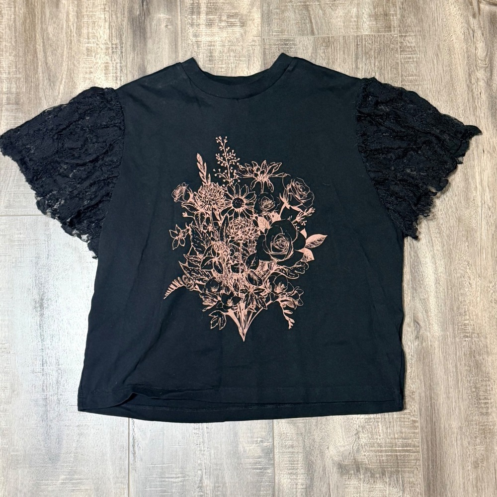 Urban Nation Black Top Rose Gold Floral Graphic Lace Puff Sleeve XS